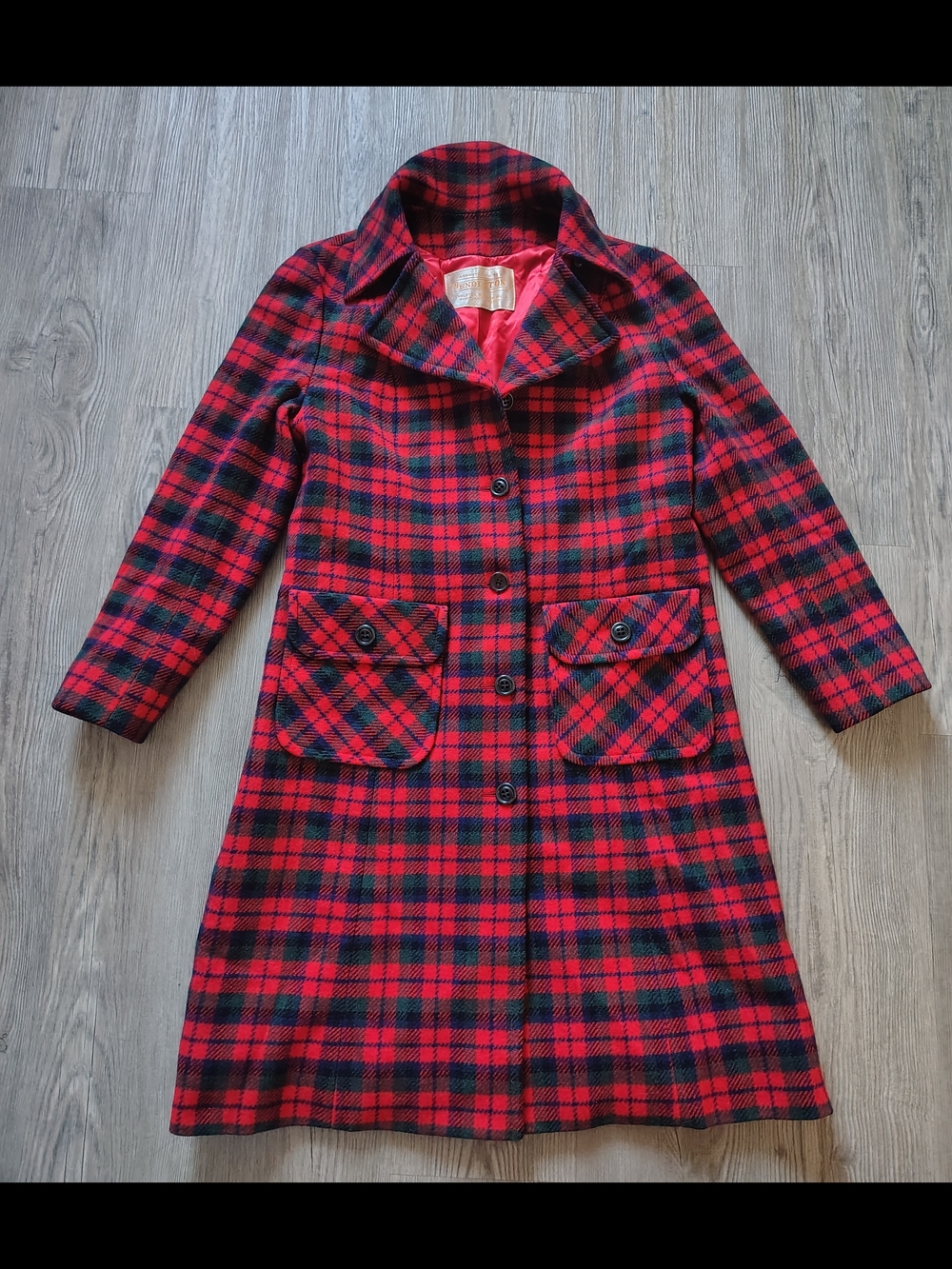 VTG Pendleton Women's Red Tartan Plaid Pure Virgin Wool Midi Pea Coat Sz 6/8 USA - Picture 2 of 12
